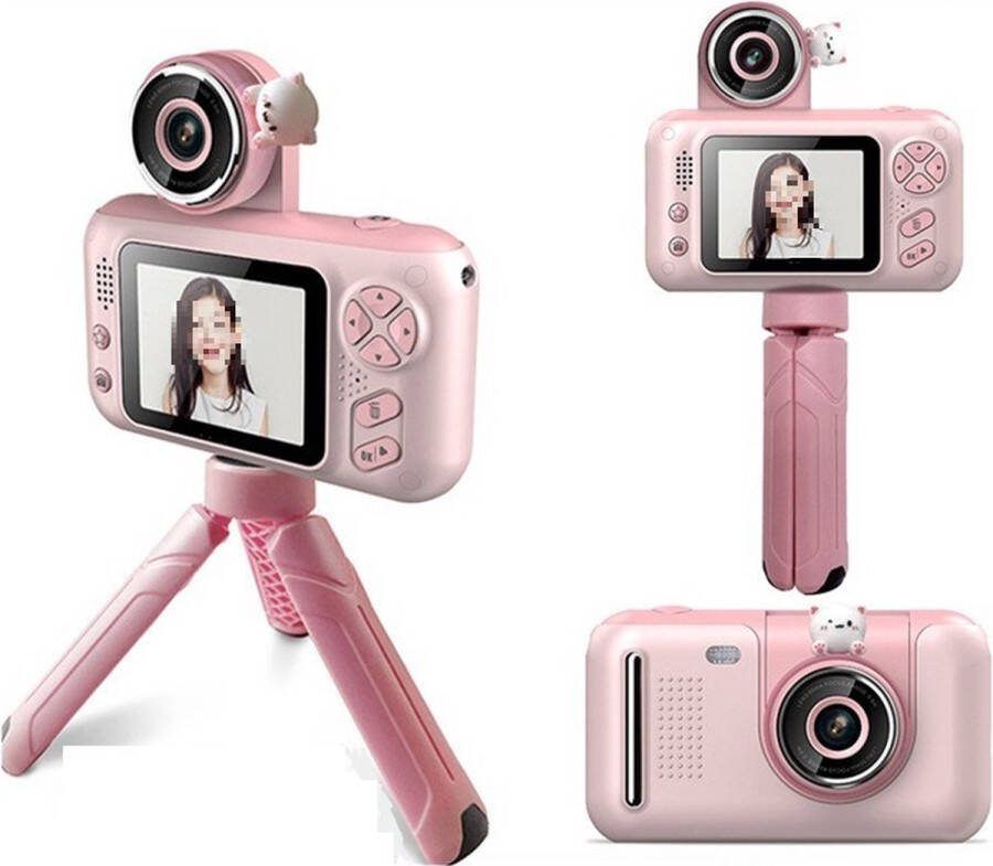 DrPhone PiXEL6 2.4 Inch LCD scherm KinderCamera – 180 Graden Flip Lens – Inclusief 32GB Micro SD + Statief Mini Digitale Foto Camera voor Kinderen Speelgoed Videocamera – Roze