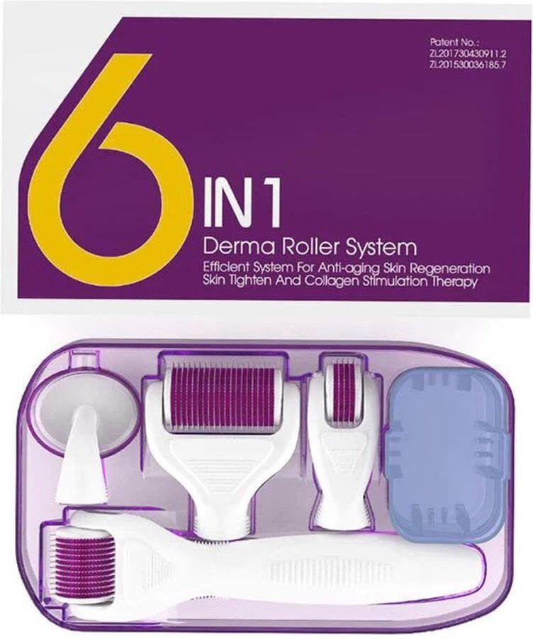 DRS Dermaroller 6 in 1 Kit Vernieuwde Dermaroller Microneedling 0.5 tot 1.5 mm Vanaf 12 tot 1200 naalden Voor Huid Haar- en Baardgroei Derma stamp Baardroller Minoxidil Haargroei Baardgroei Derma rolling Dermastamp