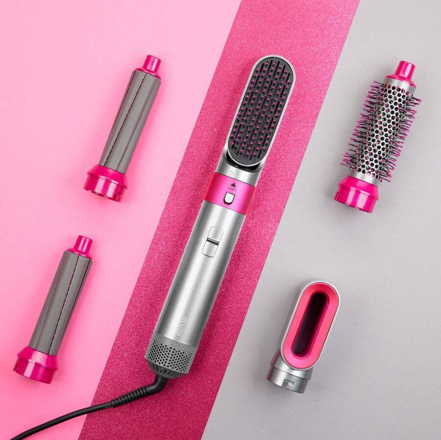 Dryze Airstyler Krultang 5 in 1 Multistyler Föhnborstel Hairwrap Krulborstel Kort & Lang Haar Heteluchtborstel Grey pink edition Inclusief leren opbergdoos