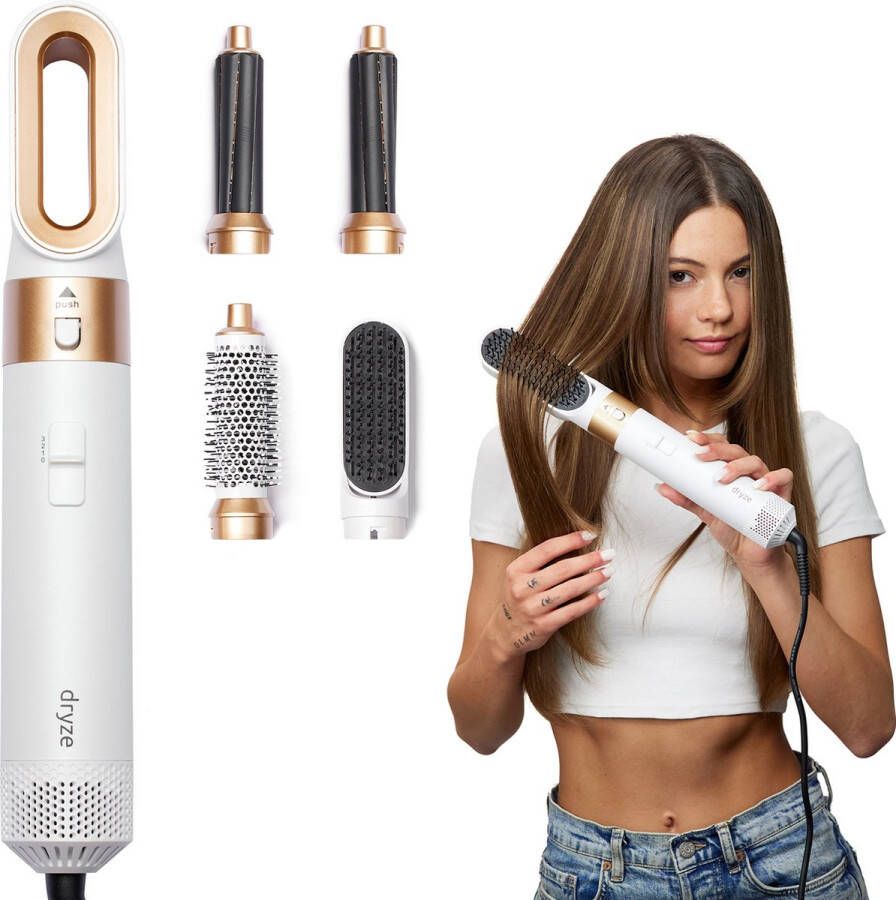 Dryze Airstyler Krultang 5 in 1 Multistyler Föhnborstel Hairwrap Krulborstel Kort & Lang Haar Heteluchtborstel Crème white gold edition