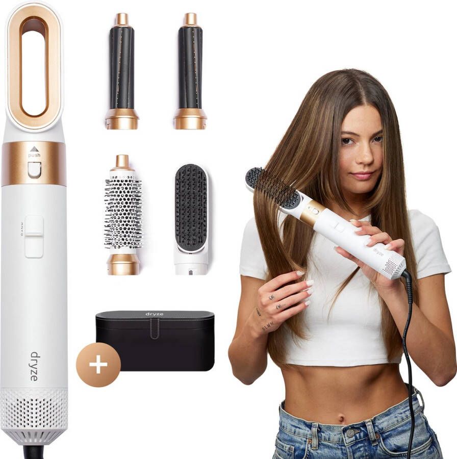 Dryze airstyler crème white gold edition Fohnborstel Krultang Föhn Multistyler Krulborstel en stijltang in 1 Inclusief leren opbergcase