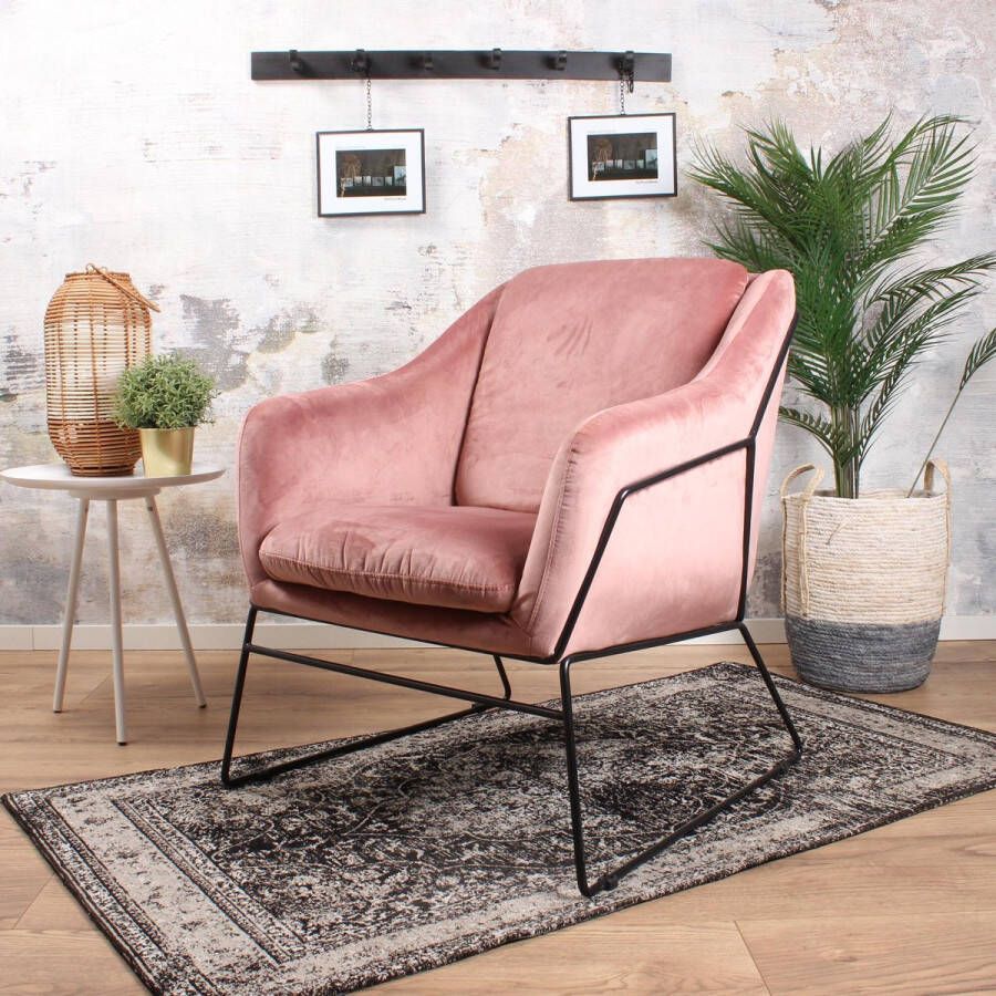 DS4U Antonio fauteuil sofa industrieel velvet velours fluweel zwart metaal staal vintage roze met armleuning