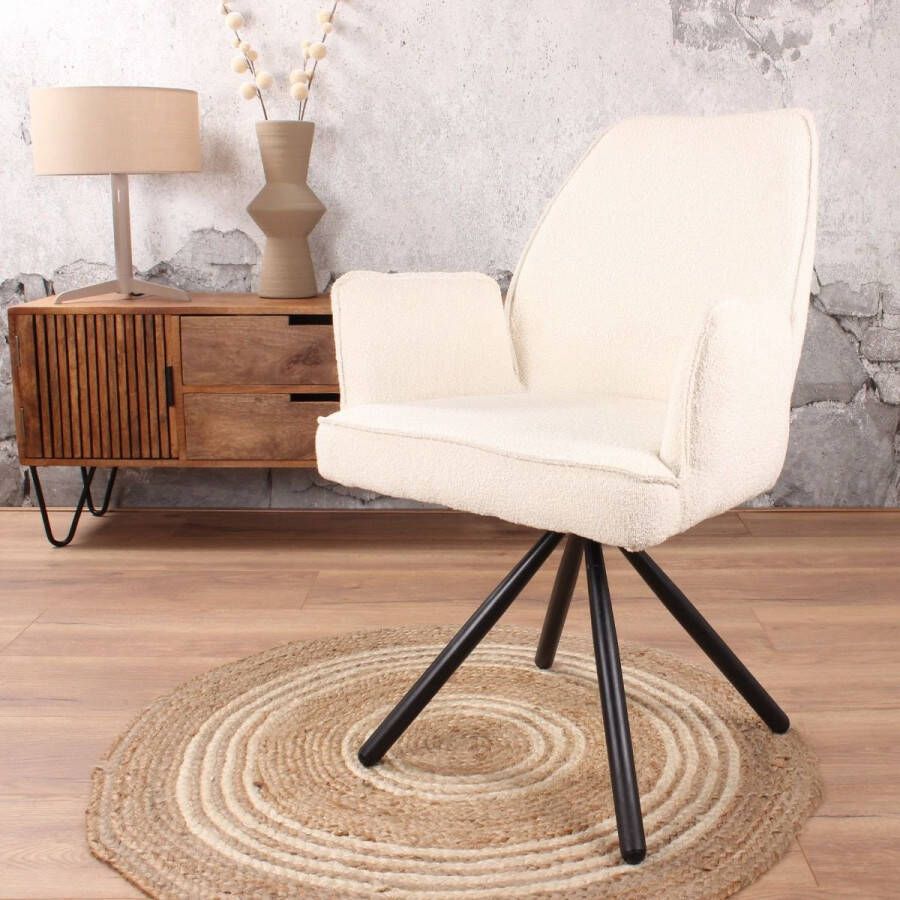DS4U Lucio Armstoel Bouclé Wit Stijlvolle en Comfortabele Eetkamerstoel Sierlijk Ruitpatroon Stevige Zwarte Poten Geschikt voor Industrieel Modern Landelijk of Vintage Interieur
