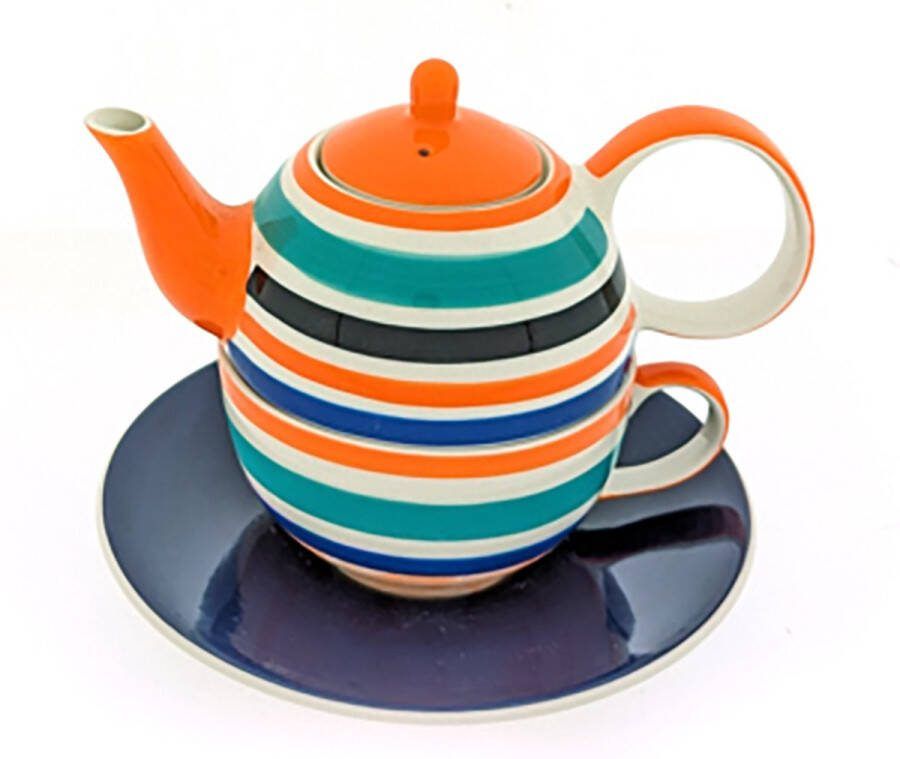 DSB Tea for one set Theeset Keramiek Handgeschilderd Oranje gestreept