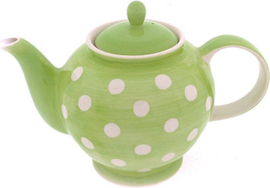 DSB Theepot Polka Dot groen met witte stippen 1000 ml Keramiek Handgemaakt en geschilderd