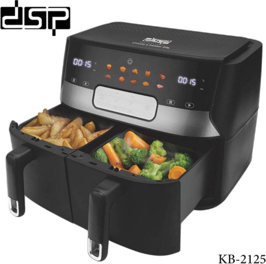 DSP KB2125 Dubbele Airfryer XXL 2 Manden Hetelucht friteuse Dubbele Mand 3400W 10L Zwart