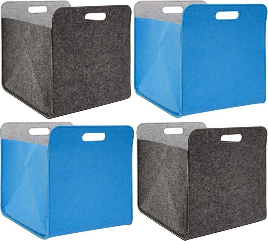 DuneDesign Set van 4 vilten Opbergmanden 33x33x38 cm Kallax Bak Box Doos opvouwbaar Grijs Blauw