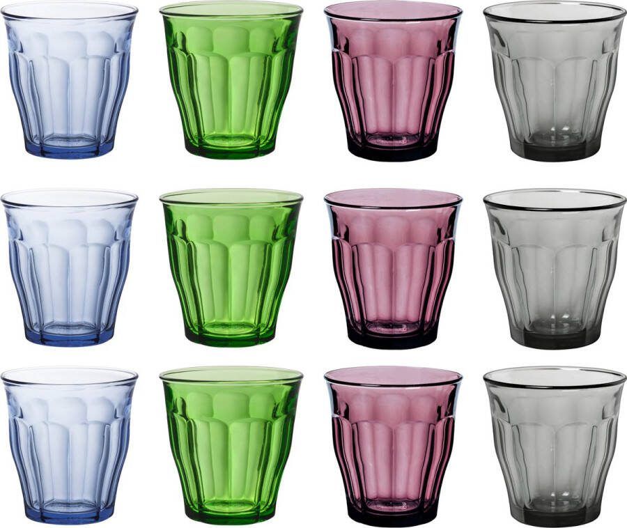 Duralex Drinkglazen waterglazen Picardie 12x stuks helder gekleurd glas 250 ML Koffie thee fris