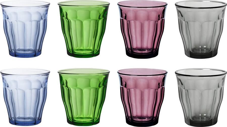 Duralex Drinkglazen waterglazen Picardie 8x stuks helder gekleurd glas 250 ML Koffie thee fris