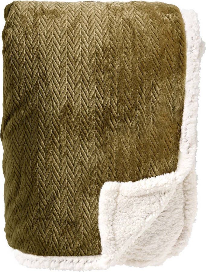 Dutch Decor BOBBY Plaid 150x200 cm fleece deken met sherpa voering Military Olive groen