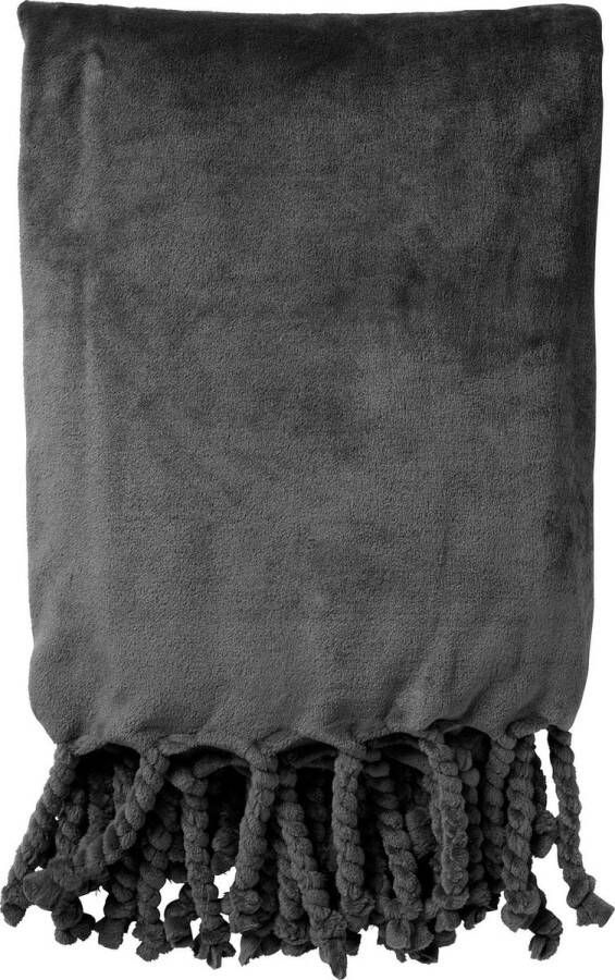 Dutch Decor FLORIJN Plaid 150 x200 cm grote fleece plaid met flosjes Charcoal Gray antraciet