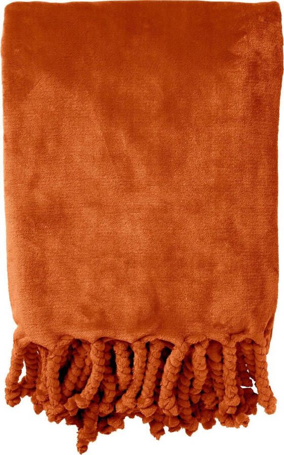 Dutch Decor FLORIJN Plaid 150 x200 cm grote fleece plaid met flosjes Potters Clay oranje terra