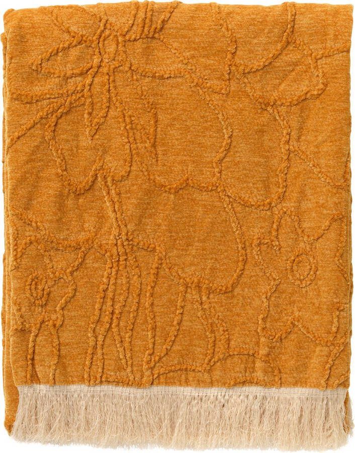 Dutch Decor FLORINE Plaid 140x180 cm met ingeweven patroon effen kleur met franjes Golden Glow geel