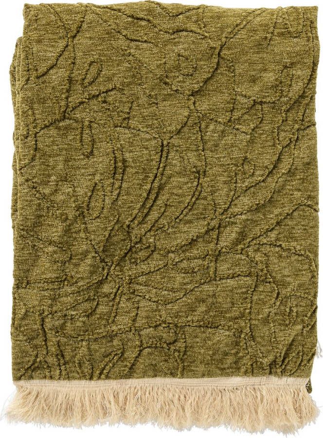 Dutch Decor MAYBEL Plaid 140x180 cm met ingeweven patroon effen kleur met franjes Olive Branch groen