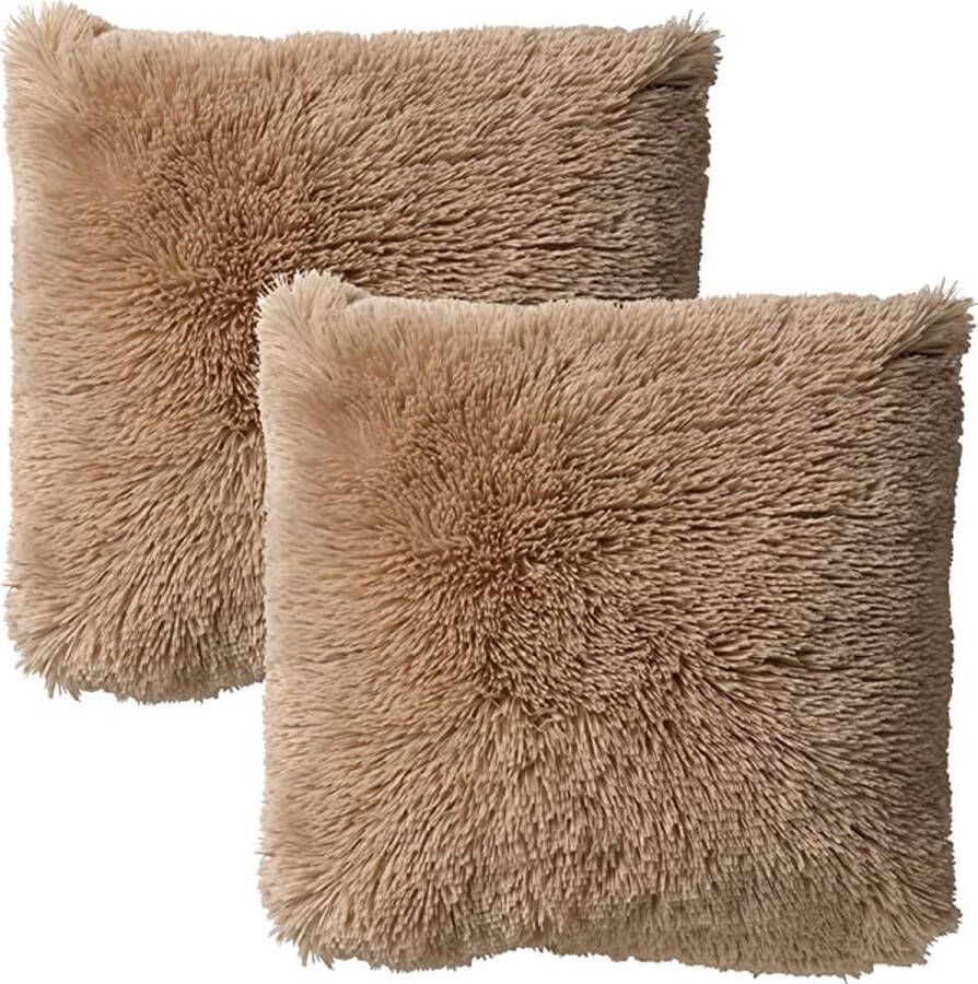 Dutch Decor Set van 2- FLUFFY Kussenhoezen unikleur Pumice Stone 60x60 cm Beige