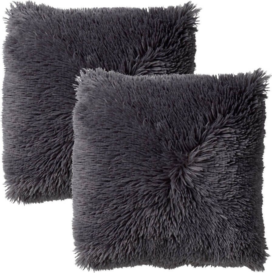 Dutch Decor Set van 2 Sierkussens FLUFFY- 45x45 cm Charcoal Gray donkergrijs – unikleur – inclusief binnenkussens lekker zacht