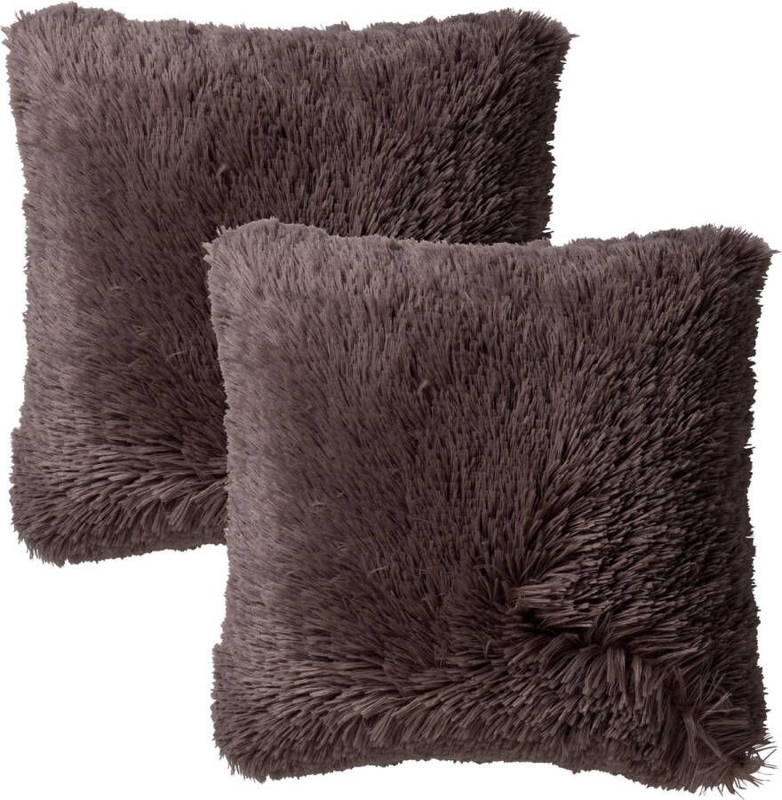 Dutch Decor Set van 2 Sierkussens FLUFFY- 45x45 cm Driftwood taupe – unikleur – inclusief binnenkussens lekker zacht