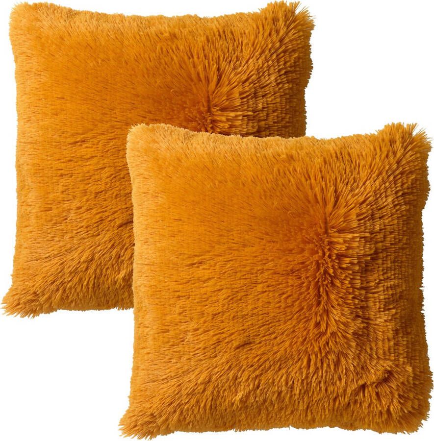 Dutch Decor Set van 2 Sierkussens FLUFFY- 45x45 cm Golden Glow geel – unikleur – inclusief binnenkussens lekker zacht