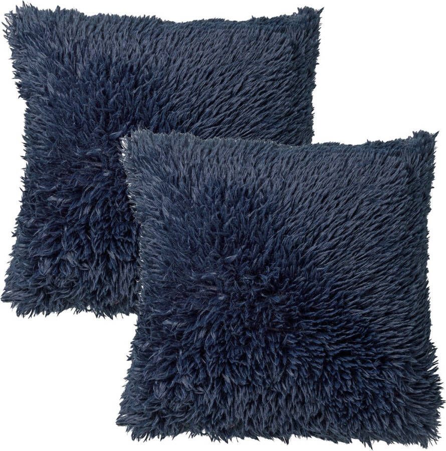 Dutch Decor Set van 2 Sierkussens FLUFFY- 45x45 cm Insignia Blue blauw – unikleur – inclusief binnenkussens lekker zacht