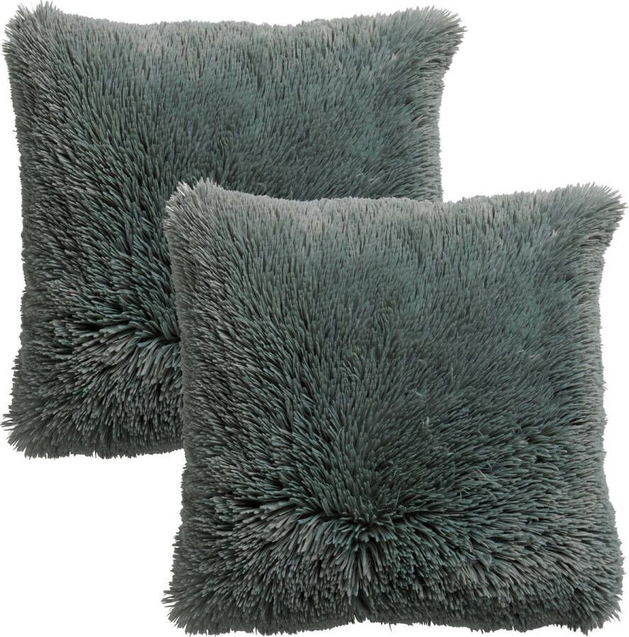 Dutch Decor Set van 2 Sierkussens FLUFFY- 45x45 cm Jadeite groen – unikleur – inclusief binnenkussens lekker zacht