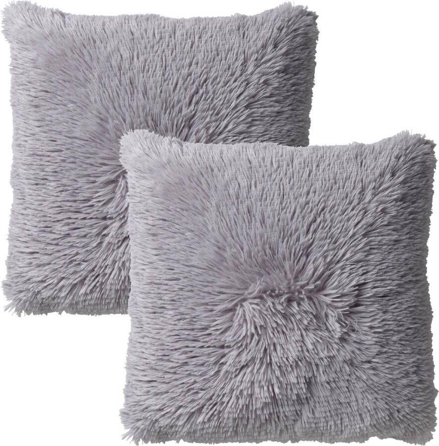 Dutch Decor Set van 2 Sierkussens FLUFFY- 45x45 cm Micro Chip lichtgrijs – unikleur – inclusief binnenkussens lekker zacht