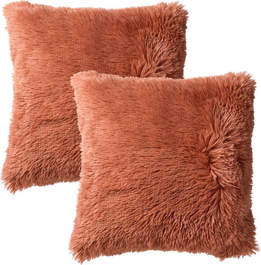 Dutch Decor Set van 2 Sierkussens FLUFFY- 45x45 cm Muted Clay roze – unikleur – inclusief binnenkussens lekker zacht