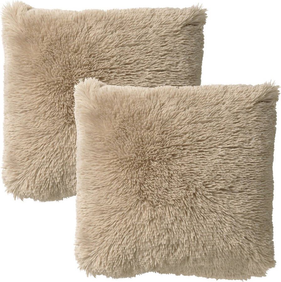 Dutch Decor Set van 2 Sierkussens FLUFFY- 45x45 cm Pumice Stone beige – unikleur – inclusief binnenkussens lekker zacht