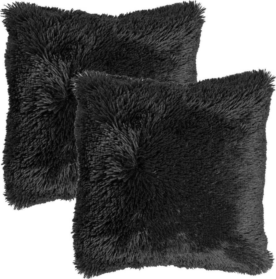 Dutch Decor Set van 2 Sierkussens FLUFFY- 45x45 cm Raven zwart – unikleur – inclusief binnenkussens lekker zacht