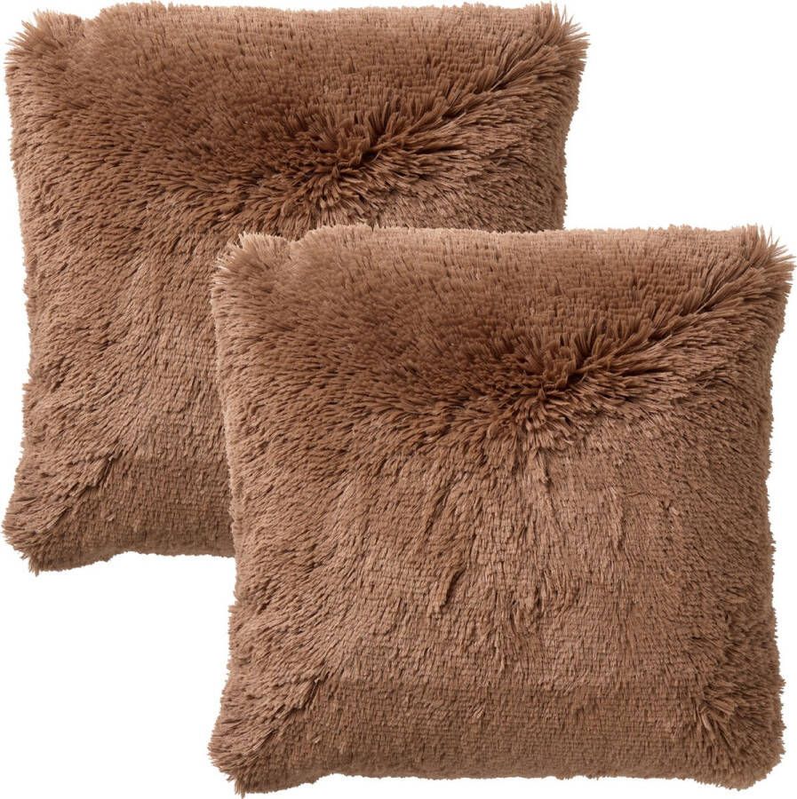 Dutch Decor Set van 2 Sierkussens FLUFFY- 45x45 cm Tobacco Brown bruin – unikleur – inclusief binnenkussens lekker zacht