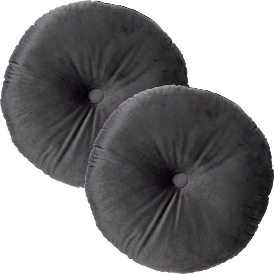 Dutch Decor Set van 2 Sierkussens rond OLLY 40 cm Velvet Charcoal Gray grijs – unikleur – inclusief binnenkussens gestikt