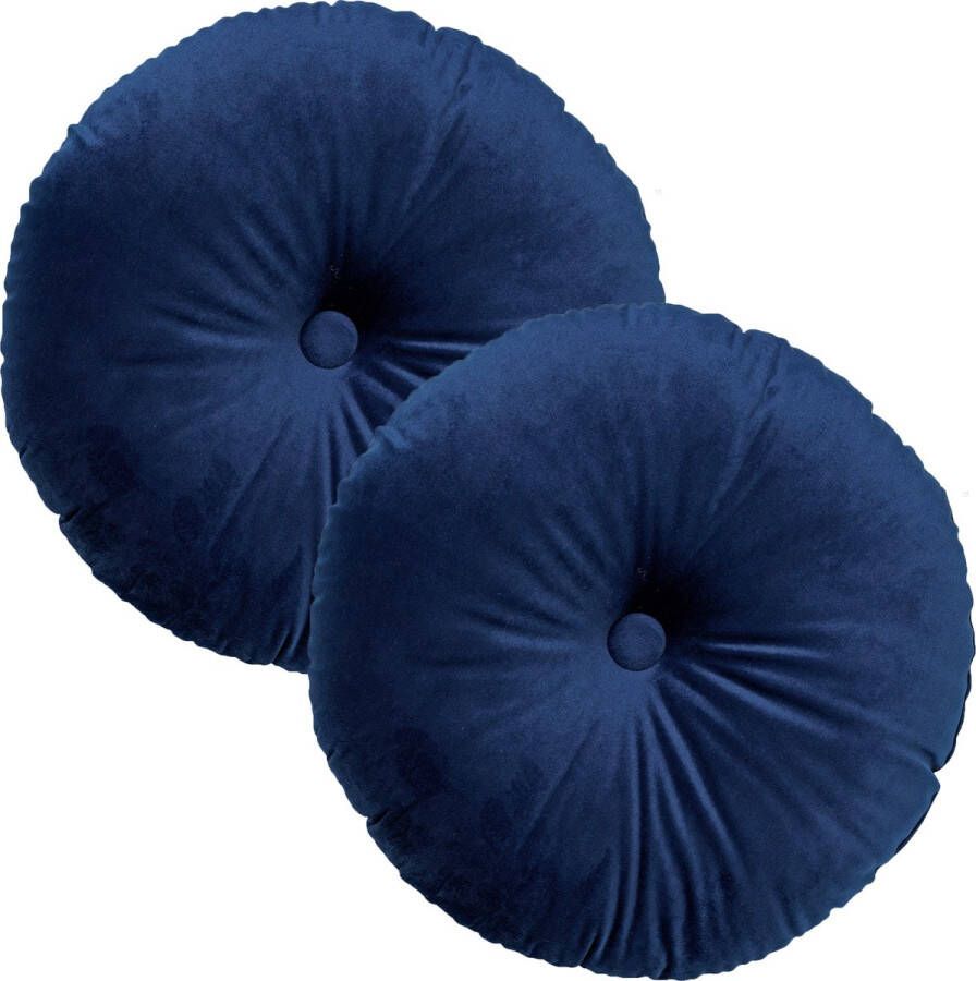 Dutch Decor Set van 2 Sierkussens rond OLLY 40 cm Velvet Insignia Blue blauw – unikleur – inclusief binnenkussens gestikt