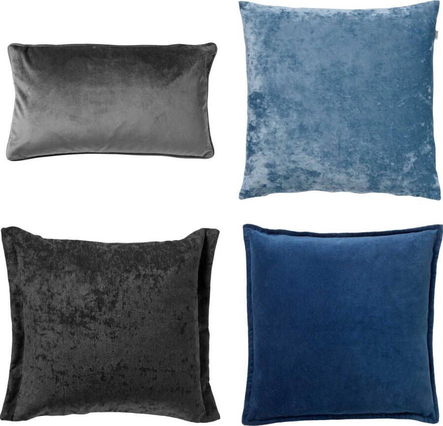 Dutch Decor Set van 4 sierkussens blauw zwart grijs 1xSky + 1xCaith + 1xLewis + 1xFinn inclusief vulling luxe en zachte stoffen