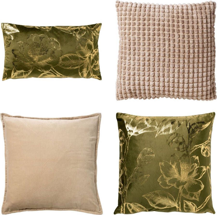 Dutch Decor Set van 4 sierkussens groen beige goud 1xAvery + 1xAVA + 1xRome + 1xCaith inclusief vulling luxe en zachte stoffen