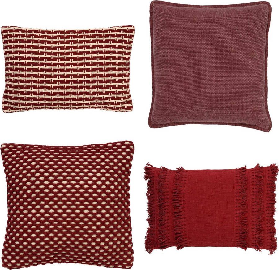 Dutch Decor Set van 4 sierkussens rood 1x DENLEY 1x DANA 1x FARA 1x BOWIE inclusief polyester trendy woonkussensvulling luxe stoffen katoen