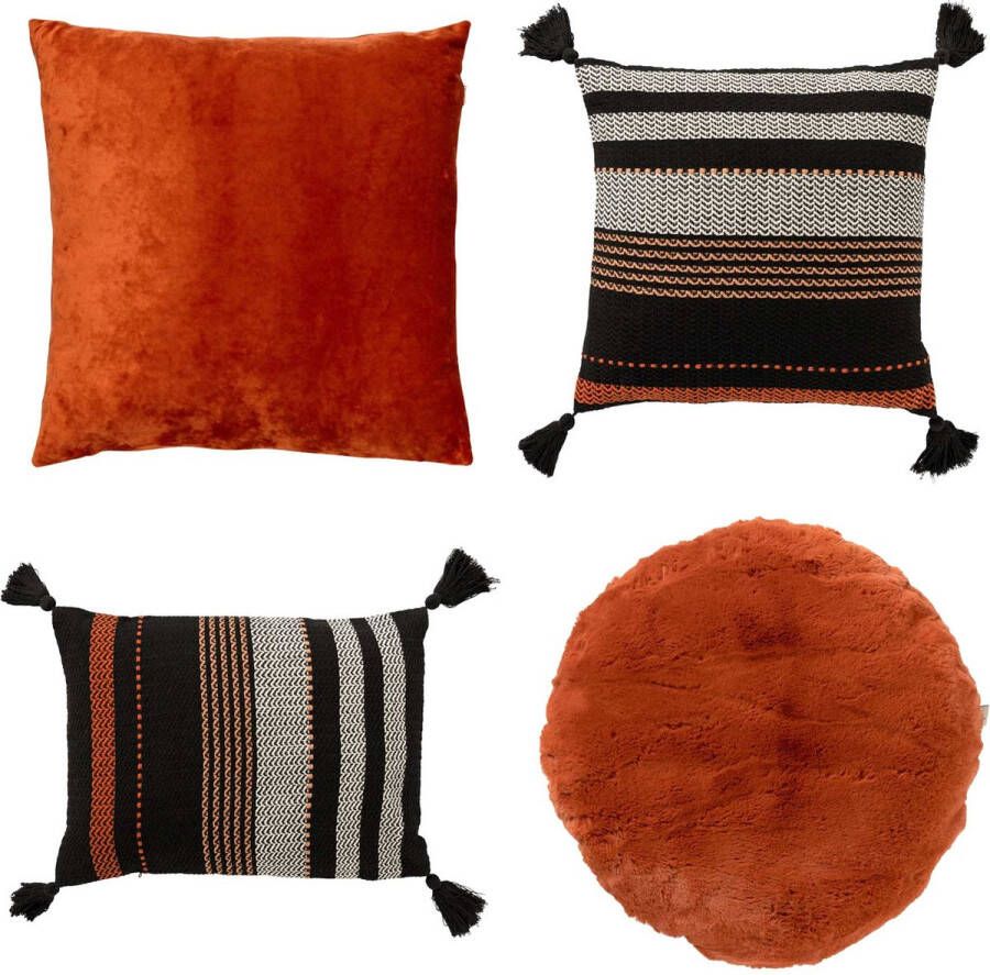 Dutch Decor Set van 4 sierkussens zwart oranje 2xTamar + 1xZaya + 1xSky inclusief vulling luxe en zachte stoffen