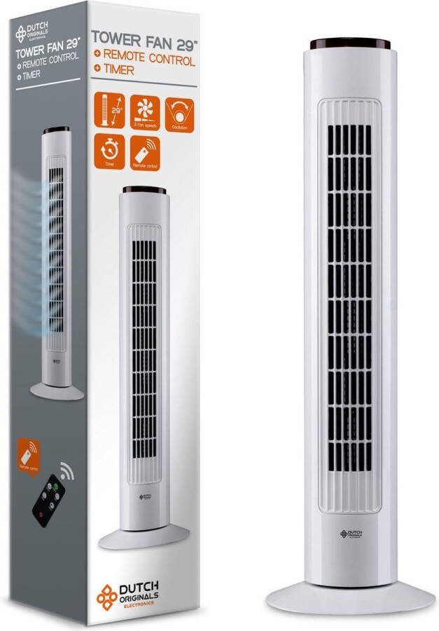 Dutch Originals Torenventilator Aircooler met Afstandsbediening Verkoeling met 50W 3 Snelheden- 70° Draaien Timer tot 7 5 uur 75 cm x 22 x 22 cm