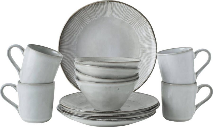 Dutch Rose Organic Serviesset 4 persoons 12 Delig Stoneware Handgemaakt Lichtgrijs