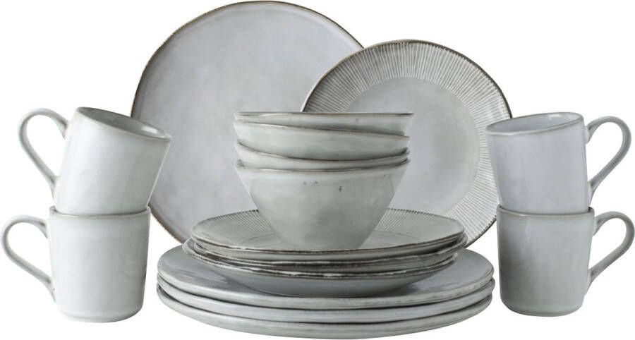 Dutch Rose Organic Serviesset 4 persoons 16 Delig Stoneware Handgemaakt Lichtgrijs