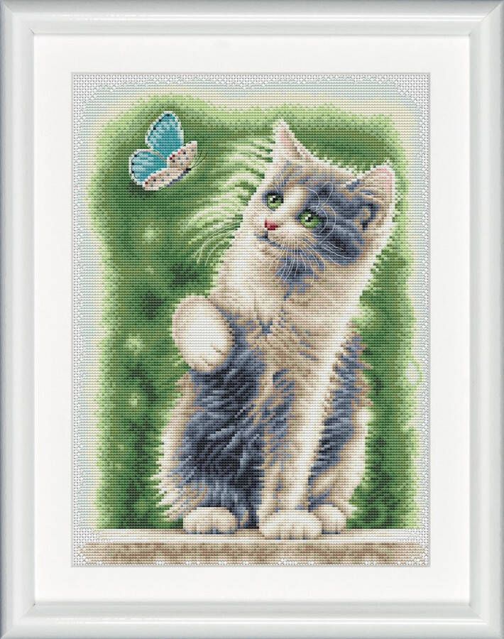 Dutch Stitch Brothers DIY borduurpakket DSB013A Kat met vlinder Wit Aida 34 x 24 cm