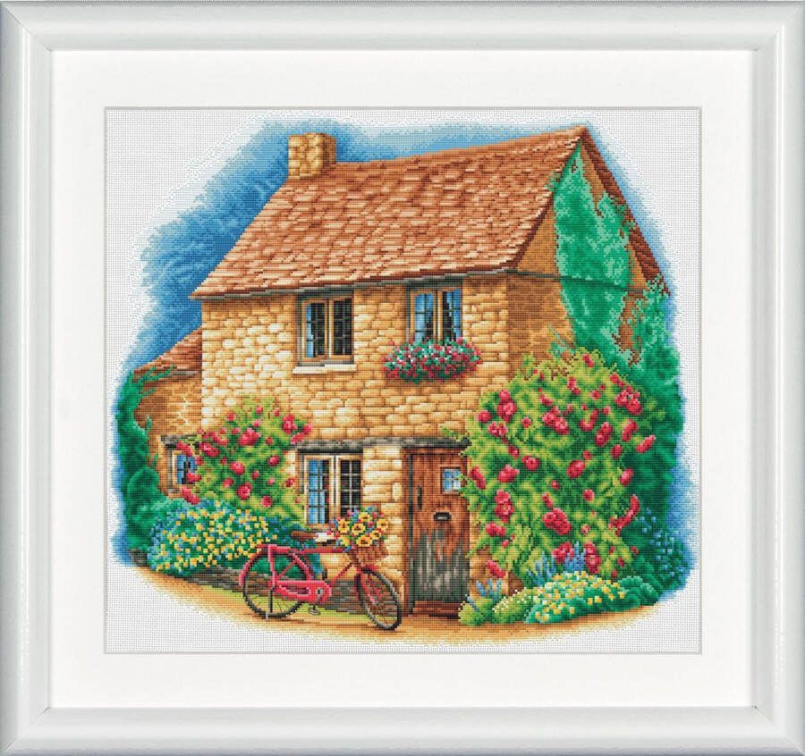 Dutch Stitch Brothers DIY borduurpakket DSB010L Huisje met fiets Wit Linnen 50 x 50 cm