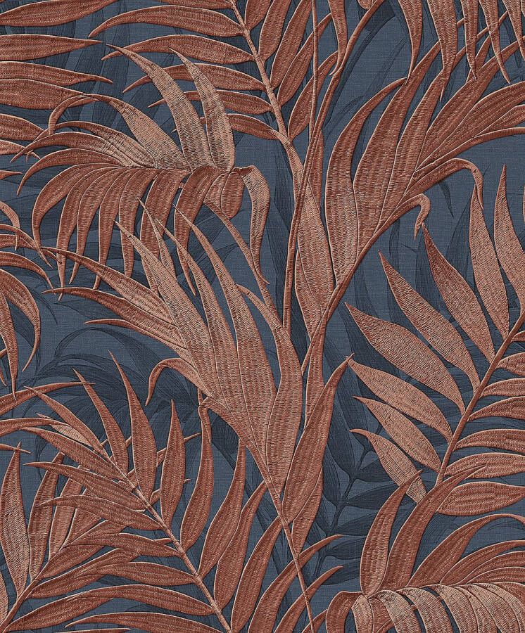 Dutch Wallcoverings Duch Wallcoverings Grace Tropical palm leaf blue copper vliesbehang 10m x 53cm GR322109