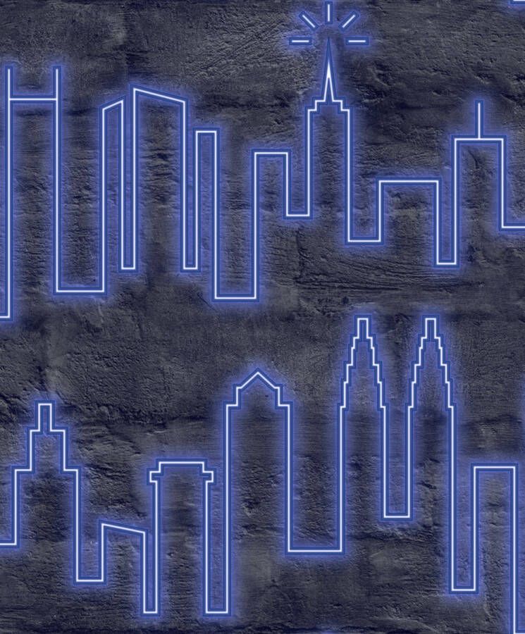 Dutch Wallcoverings Duch Wallcoverings Loft- skyline neon zwart blauw vliesbehang 10m x 53cm M531-01