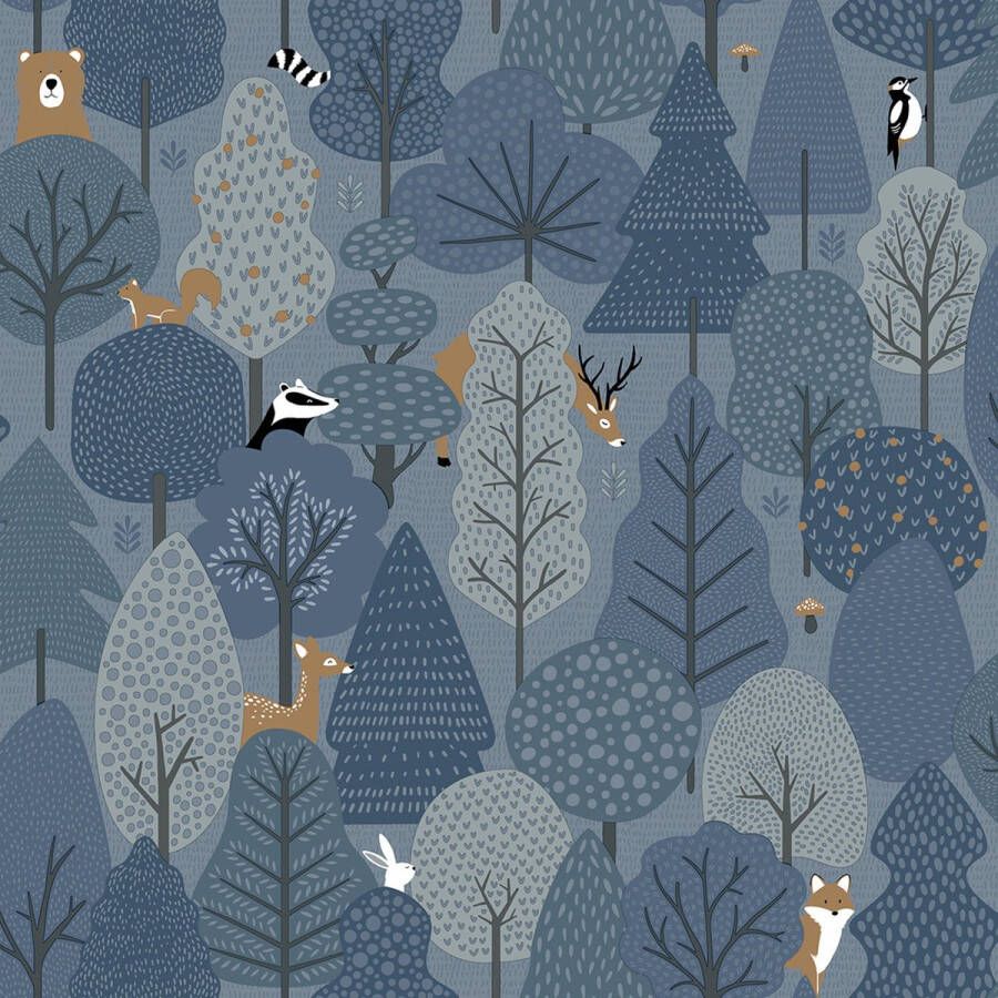 Dutch Wallcoverings Duch Wallcoverings My Kingdom- Forest Animals d.blauw vliesbehang 10m x 53cm M516-01