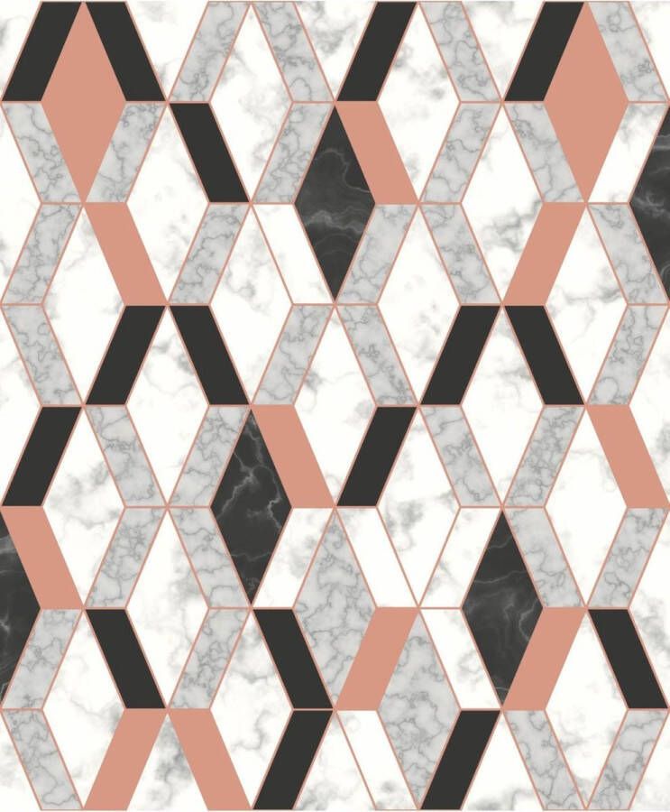 Dutch Wallcoverings Hexagone ruit grafisch wit zw roze modern (vliesbehang multicolor)