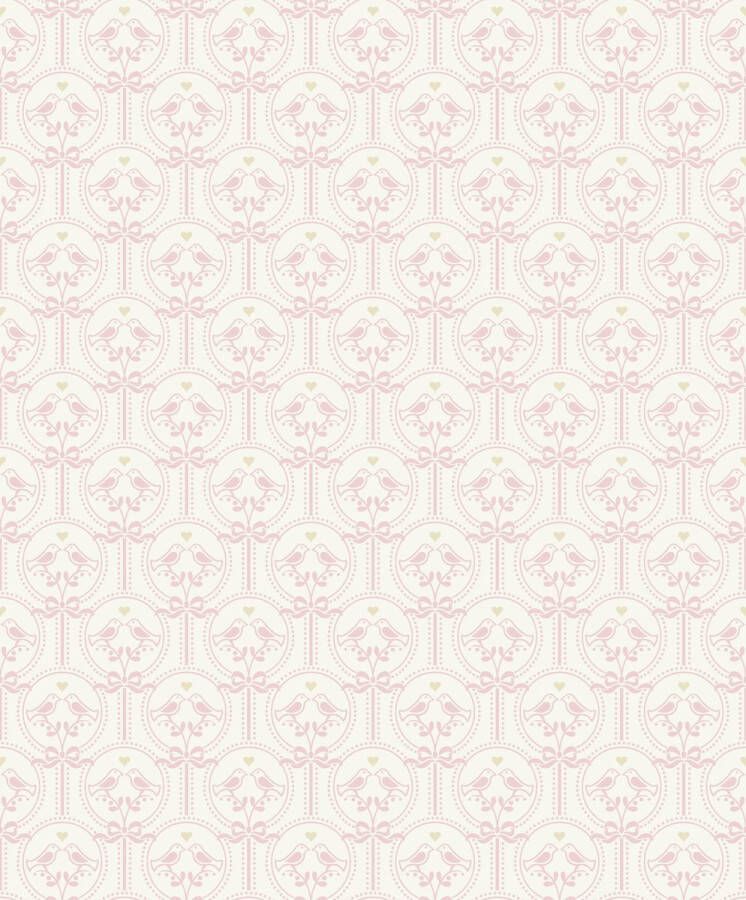 Dutch Wallcoverings Little Kids- Oiseaux roze wit vliesbehang 10m x 53cm JS3205