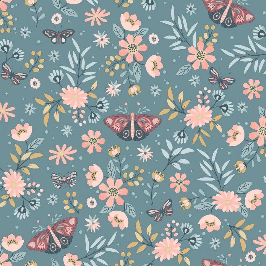 Dutch Wallcoverings My Kingdom- Butterflies blwgroen roze vliesbehang 10m x 53cm M581-04