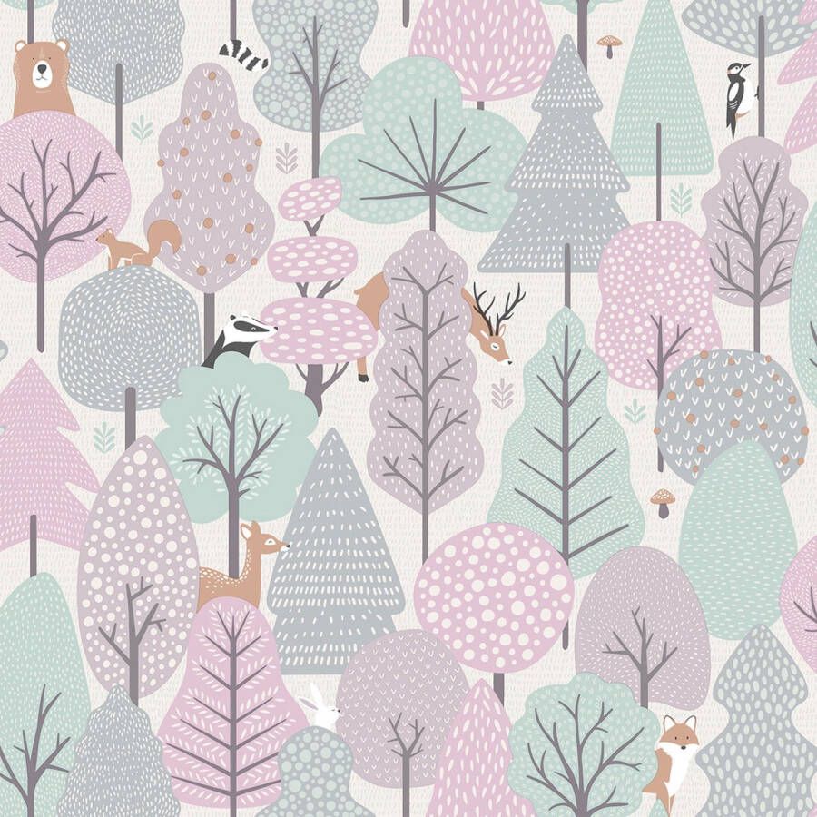 Dutch Wallcoverings My Kingdom- Forest Animals roze vliesbehang 10m x 53cm M516-03