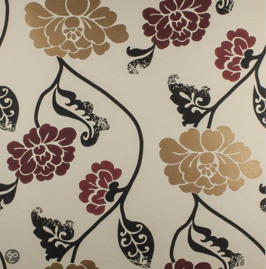 Dutch Wallcoverings Vliesbehang creme bloem zwart rood goud