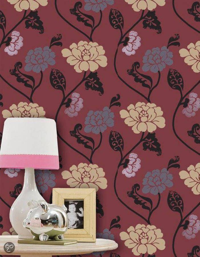 Dutch Wallcoverings Vliesbehang rood bloem creme zilver zwart