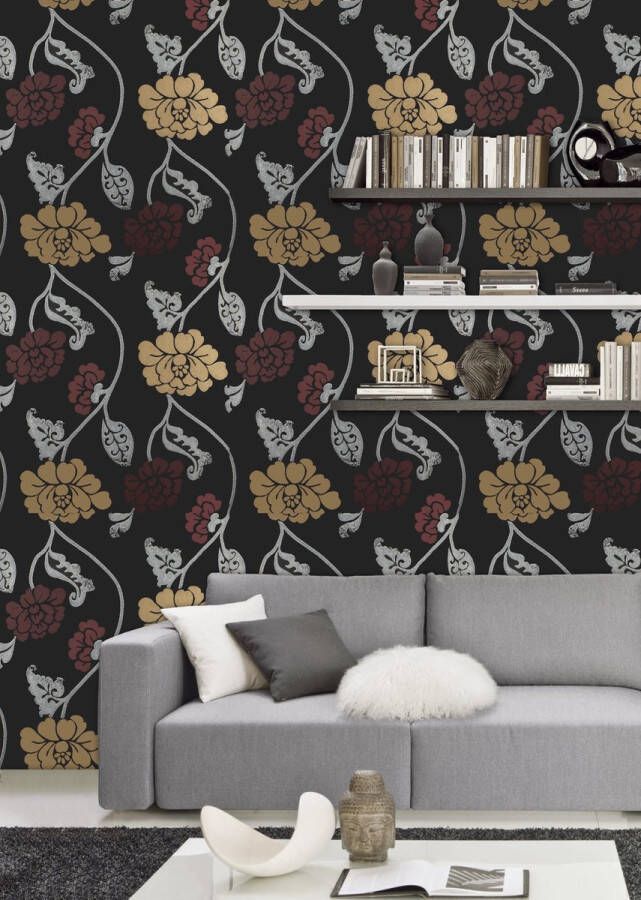 Dutch Wallcoverings Vliesbehang zwart bloem rood zilver goud